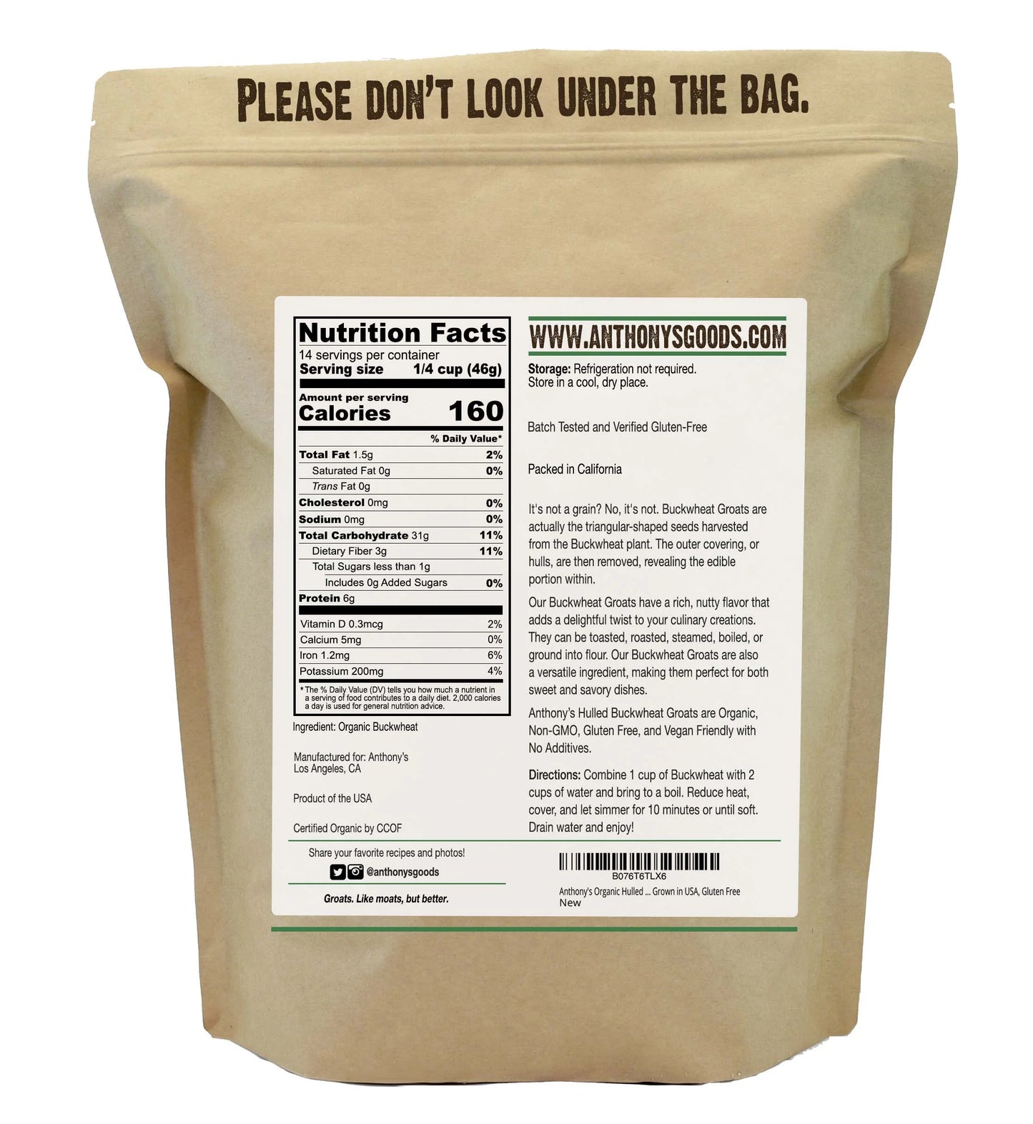 Anthony's Organic Hulled Buckwheat Groats 680g