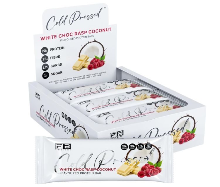 Fibre Boost Cold Pressed White Choc Raspberry Coconut flavoured Protein Bar