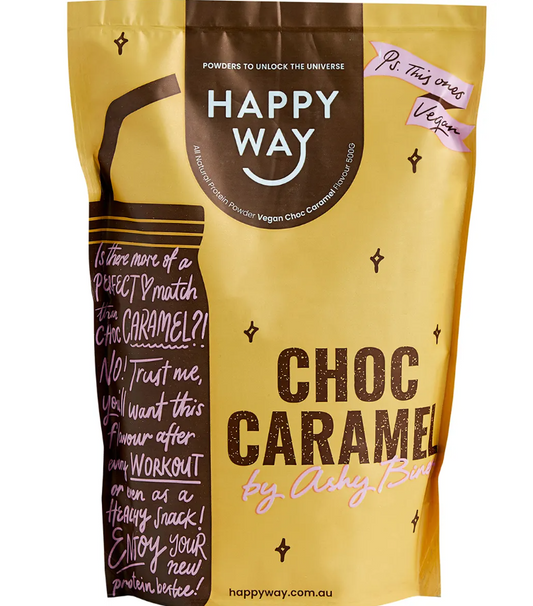 Happy Way Ashy Bines Vegan Protein Powder Choc Caramel 500g