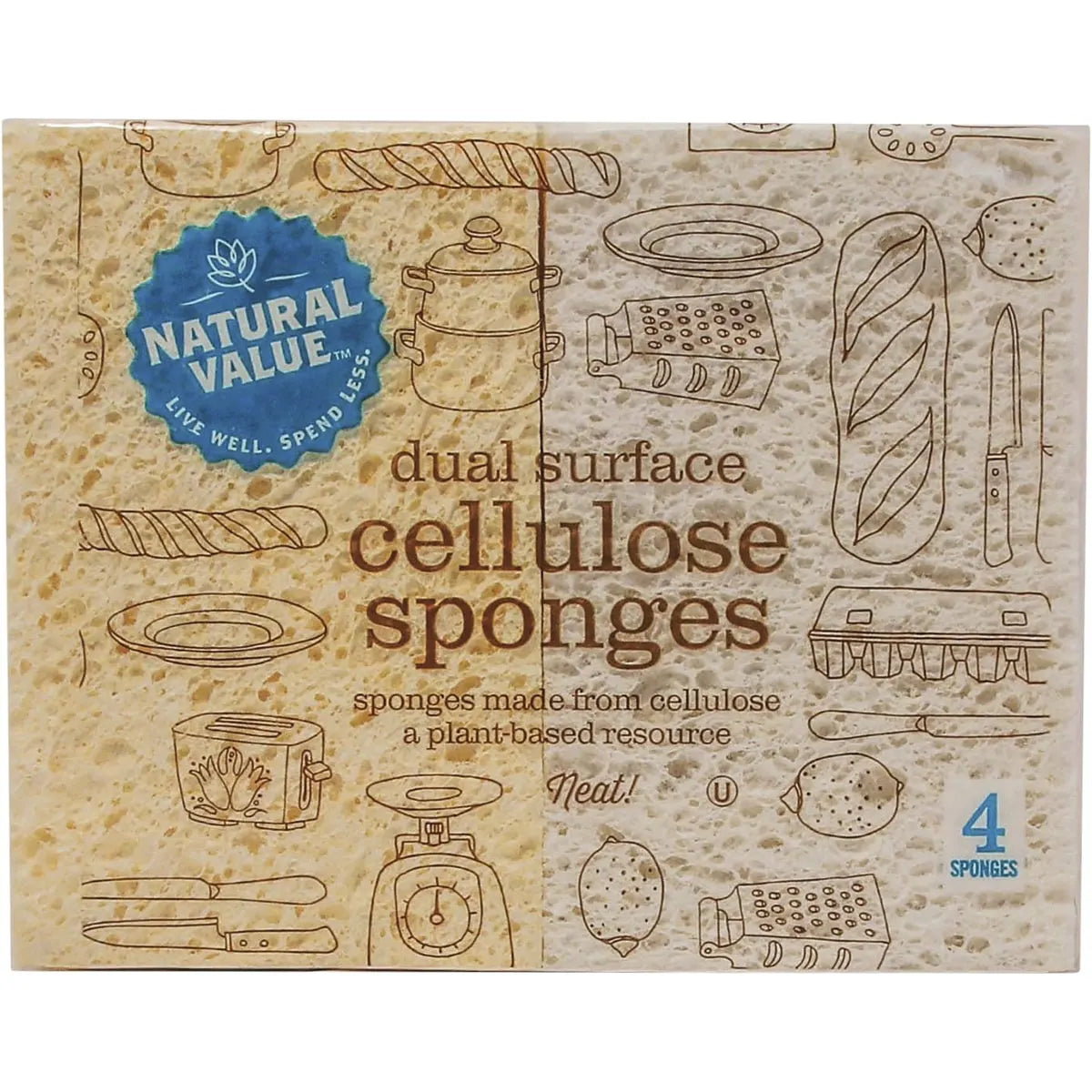 NATURAL VALUE Dual Surface Cellulose Sponges 4pk